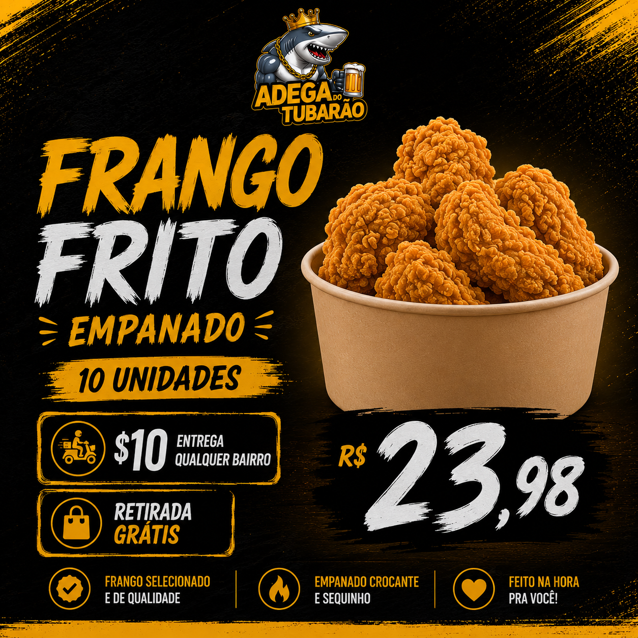Frango frito empanado com 10 unidades por R$ 23,98