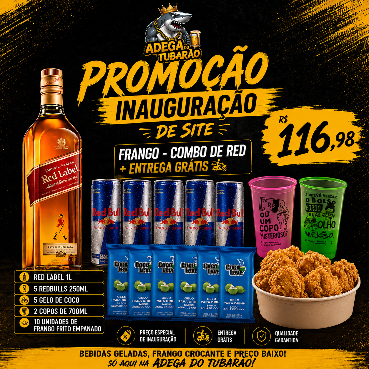 Promoção kit frango e combo Red Label por R$ 116,98